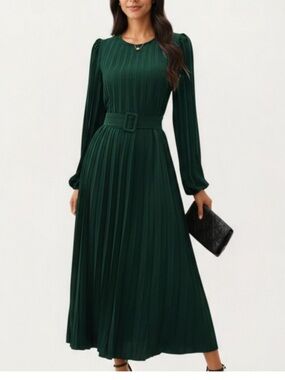 Anna Kaci Size M Long Sleeve Pleated Maxi Dress Belt Waist Round Neck